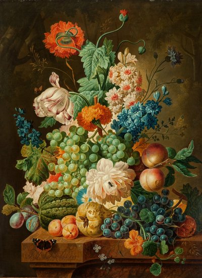 Obst und Blumen auf einem Marmortisch, 1794 von Paul Theodor van Brussel